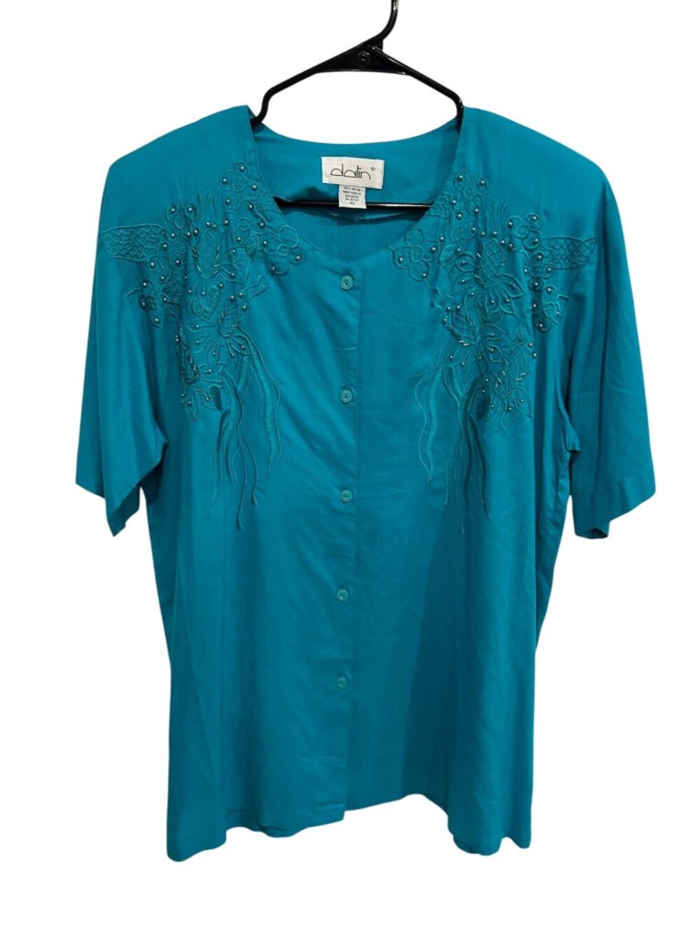 Dalin XL Handmade Teal Embroidered Floral Button Front Blouse Boho Retro